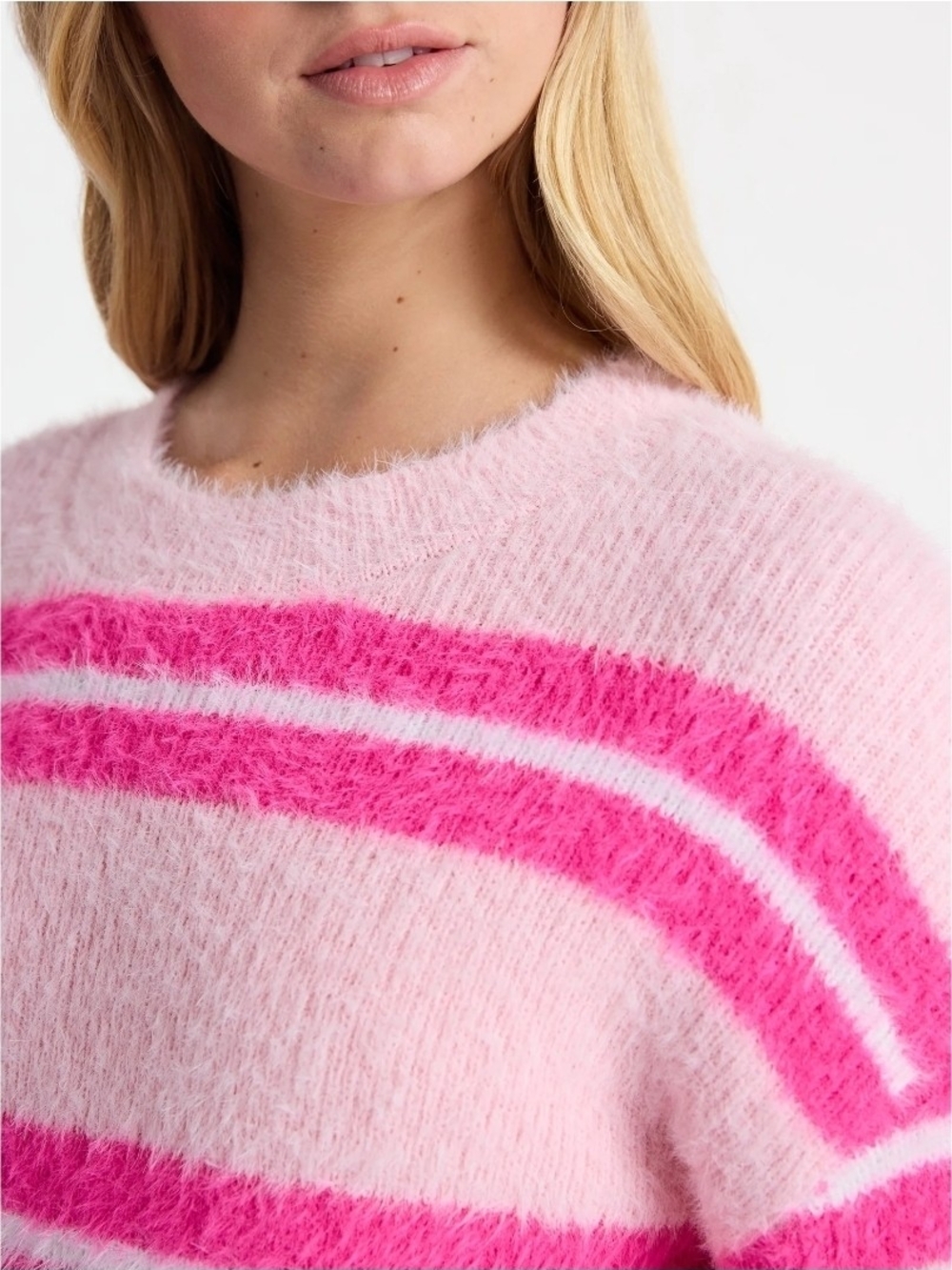 No Boundaries Pink Fuzzy Crewneck Sweater with Hot Pink Stripes Size XL (16-18) - Picture 4 of 8